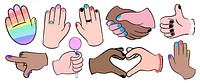 Illustration of diverse hands with colorful nails, rings, and bracelets. Hands form gestures like hearts and thumbs up, showcasing diversity and creativity. LGBTQ and diversity element vector set.