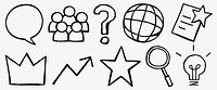 Hand-drawn icons include speech bubble, group, question mark, globe, document, crown, chart, star, magnifying glass, and light bulb. Sketch style icons. Doodle element vector set.