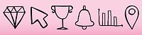 Black icons on pink: diamond, cursor, trophy, bell, chart, and location pin. Icons on pink, icons for design, icons for apps, icons for web. Doodle element vector set.