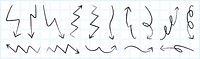 Hand-drawn arrows in various styles on grid paper. Zigzag arrows, curved arrows, and straight arrows. Sketchy arrows pointing in different directions. Doodle element vector set.