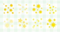 Bright yellow stars on a light green checkered background. Stars in various sizes, stars scattered, stars clustered. Yellow stars create a cheerful pattern. Sparkles element vector set.