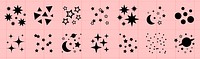 Set of black star, moon, and planet icons on a pink grid background. Stars, moons, and planets in various styles. Celestial icons on pink. Sparkles element vector set.