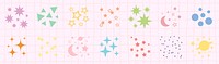 Colorful star and moon patterns on a grid. Stars and moons in pink, blue, green. Vibrant stars, moons, and shapes create a playful, whimsical design. Sparkles element vector set.