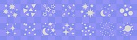 Collection of star and moon icons on a purple background. Stars and moons in various styles. Decorative star and moon patterns for design projects. Sparkles element vector set.