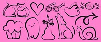 Playful doodles of a cat, heart, glasses, bird, candy, cupcake, ghost, plant, dog, and snail on a pink background. Fun and whimsical designs. Cute element vector set.