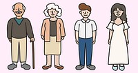 Cartoon illustration of diverse characters: elderly man with cane, elderly woman, young man, young woman in dress. Cartoon style, diverse characters, colorful illustration. Character element vectors.