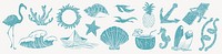 Tropical beach icons in teal: flamingo, seashells, waves, pineapple, and surfboards. Perfect for summer, beach, and tropical themes. Vibrant and fun design. Summer vacation element vector set.