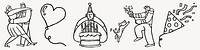 Line art of a couple dancing, a birthday cake with candles, a dog jumping, and a person celebrating with confetti. Celebration, joy, and fun in simple sketches. Party elements vector set.