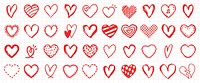 Collection of hand-drawn red hearts in various styles on graph paper. Doodle hearts, sketch hearts, and creative heart designs fill the page. Valentine's element vector set.