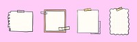 Illustration of four blank paper notes with tape on a pink background. Each note has a unique border design. Perfect for note-taking or scrapbooking. Memo element vector set.