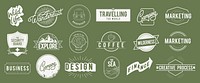 Set of vintage-style badges with themes like camping, marketing, and design. Includes labels for coffee, travel, and business. Retro design elements throughout. Logo element vector set.