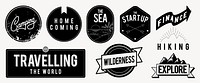 Vintage travel and adventure badges. Themes: camping, hiking, exploring. Includes startup, finance, homecoming, sea, wilderness. Perfect for travel enthusiasts. Logo element vector set.