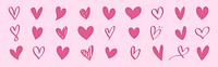 A collection of pink heart illustrations on a pink background. Various heart shapes, pink hearts, hand-drawn hearts, and heart patterns. Pink hearts repeated. Valentines doodle vector set.