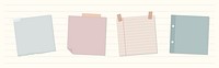 Illustration of four paper notes: blue, pink, lined, and green. Sticky notes, lined paper, and colorful notes. Paper notes for reminders and messages. Memo element vector set.