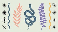 Illustration of snakes and plants. Snakes in blue and orange. Plants in pink and purple. Stars scattered. Snakes and plants in artistic design. Spirituality vector set.