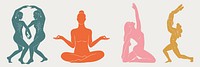 Silhouettes of diverse yoga poses: two figures dancing, a person meditating, a woman stretching, and a figure balancing. Yoga, poses, and silhouettes in harmony. Spirituality vector set.