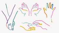 Colorful line art of hands in various poses. Vibrant hand outlines show gestures, connection, and creativity. Artistic hands, colorful and expressive. Doodle vector set.