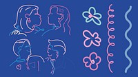 Colorful line art of diverse couples and abstract shapes. Features male and female figures, butterflies, and wavy lines in pink, blue, and green. Doodle vector set.