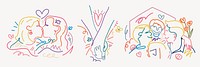 Colorful line art of diverse couples, love, and affection. Couples kissing, holding hands, and smiling. Vibrant love, diverse love, joyful expressions. Doodle vector set.