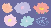 Colorful abstract flowers on a purple background. Six floral designs in pastel shades. Flowers in pink, blue, and orange. Artistic flower illustrations. Cute vector set.