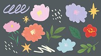 Colorful floral doodles with leaves and stars on a dark background. Includes pink, orange, and blue flowers, green leaves, and yellow stars. Floral and leaf patterns. Doodle vector set.