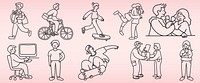 Line art of diverse people in various activities: cycling, skateboarding, working, hugging. Men and women in casual settings, showing daily life and leisure. Doodle vector set.