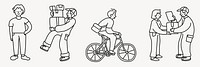 Line art of people: man carrying boxes, person cycling, two people exchanging packages. Simple, monochrome illustrations of everyday activities. Doodle vector set.