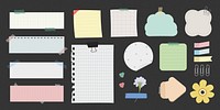 Collection of colorful sticky notes, paper clips, and notepads. Includes grid, lined, and shaped paper. Ideal for office, school, or creative projects. Cute vector set.