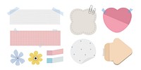 Colorful sticky notes and paper cutouts in various shapes: heart, flower, and more. Includes lined, polka dot, and grid patterns. Decorative and playful design. Cute vector set.