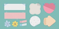 Colorful paper notes in various shapes: heart, flower, circle. Decorative notes with tape and clips. Perfect for crafts, scrapbooking, and creative projects. Cute vector set.