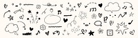 Doodles of stars, hearts, arrows, and music notes. Fun, whimsical doodles with clouds and flowers. Playful doodles in black and white, featuring various symbols. Hand drawn vector set.