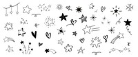 Collection of hand-drawn stars and hearts. Stars in various styles, hearts in different shapes. Doodles of stars and hearts, playful and artistic. Hand drawn vector set.