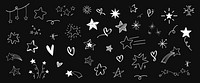 A collection of hand-drawn stars and hearts on a black background. Stars and hearts in various styles. Whimsical stars and hearts create a playful design. Hand drawn vector set.