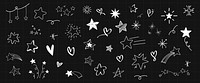 Chalkboard doodles of stars and hearts. Various star and heart designs. Whimsical stars and hearts on a black background. Creative star and heart sketches. Hand drawn vector set.