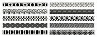 Set of geometric patterns with circles, lines, and shapes. Black and white geometric designs, perfect for borders and decorative elements. Geometric art. Washi tape element isolated on white.