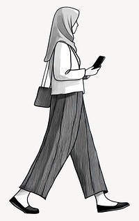 Woman with gray hijab walking phone illustration art vector