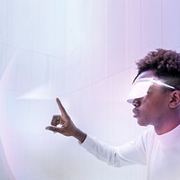 Virtual assistant technology circle with black man using transparent screen digital remix