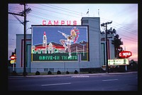 Campus Drive-In Theater, closer view with neon, El Cajon Boulevard, San Diego, California (1979) photography in high resolution by John Margolies. Original from the Library of Congress. 