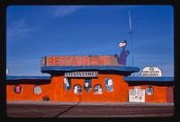 Restaurant close-up, Flintstone's Bedrock City, Valle, Arizona (1987) photography in high resolution by John Margolies. Original from the Library of Congress. 