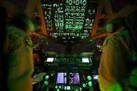 U.S. Air Force Capt. Lauren Hoyt and 1st Lt. Mark Benischeck, pilots with the 816th Expeditionary Airlift Squadron, fly a C-17 Globemaster III aircraft over southern Afghanistan Jan. 25, 2014.