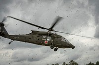 A U.S. Army UH-60 Black Hawk helicopter hovers above Geronimo Landing Zone during the Joint Readiness Training Center 14-05 exercise rotation at Fort Polk, La., March 15, 2014.