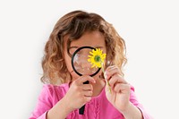 Girl examining daisy collage element, education concept psd