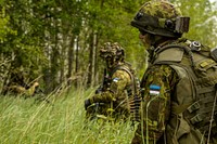Lanes TrainingEstonian Soldiers patrol a forest during a training lane at Adazi Training Area, Latvia, on June 12, 2014. (U.S. Army National Guard Photo by: Staff Sgt. Brett Miller, 116 Public Affairs Detachment/ Released). Original public domain image from Flickr