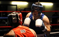 U.S. Air Force Staff Sergeant Raul Macias, an aerospace medical technician with the 86th Aerospace Medicine Squadron, boxes against an opponent during the 2014 Installation Management Command Europe&rsquo;s Boxing Clinic and Tournament at Miesau Army Depot, Germany on Dec. 6, 2014.