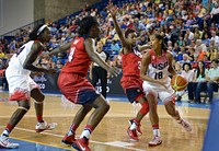 United States Women's National Basketball Team play an inter-squad exhibition game at the University of Delaware. Military personnel and the Basketball Team exchanged “dog-tags” and coins during halftime ceremony (Department of Defense photo by Marvin Lynchard). Original public domain image from Flickr