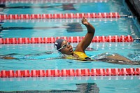 Navy team’s Petty Officer 2nd Class Sharona Young begins the women’s 50 meter freestyle event of the 2014 Warrior Games swimming preliminary rounds at the Olympic Training Center in Colorado Springs, Colo. Sept. 30, 2014. Original public domain image from Flickr