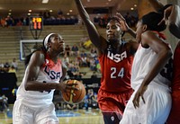 United States Women&#39;s National Basketball Team play an inter-squad exhibition game at the University of Delaware. Military personnel and the Basketball Team exchanged &ldquo;dog-tags&rdquo; and coins during halftime ceremony. Original public domain image from <a href="https://www.flickr.com/photos/dodnewsfeatures/15323327645/" target="_blank">Flickr</a>