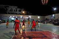 Horsed and Heegan basketball players challange for the ball during their game in Abdiaziz district of Mogadishu, Somalia, on March 13 2015.