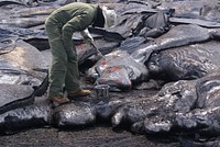 Lava Sampling &mdash; USGS geologists at the Hawaiian Volcano Observatory (HVO) still get fresh lava samples as close to the vent as possible. Once the sample is scooped from the pāhoehoe lobe, it is quickly quenched in a bucket of water to stop the growth of any crystals and to preserve the composition of the liquid lava. Once cooled, the sample is sent first to UH Hilo for quick analysis of a few components and prepared for a fuller analysis of its chemical components by a lab on the mainland. These data are used, with HVO's geophysical monitoring data, as another way to assess any changes that may be occurring within Kīlauea volcano. Original public domain image from Flickr