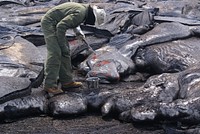 Lava Sampling — USGS geologists at the Hawaiian Volcano Observatory (HVO) still get fresh lava samples as close to the vent as possible. Once the sample is scooped from the pāhoehoe lobe, it is quickly quenched in a bucket of water to stop the growth of any crystals and to preserve the composition of the liquid lava. Once cooled, the sample is sent first to UH Hilo for quick analysis of a few components and prepared for a fuller analysis of its chemical components by a lab on the mainland. These data are used, with HVO's geophysical monitoring data, as another way to assess any changes that may be occurring within Kīlauea volcano. Original public domain image from Flickr